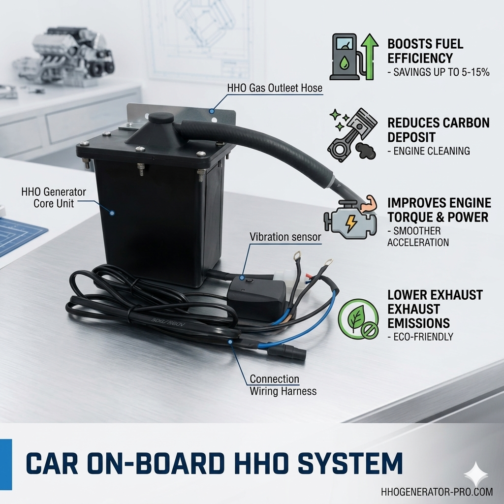 Car on-board HHO system showing generator core unit, vibration sensor, and wiring harness to improve fuel efficiency and reduce emissions